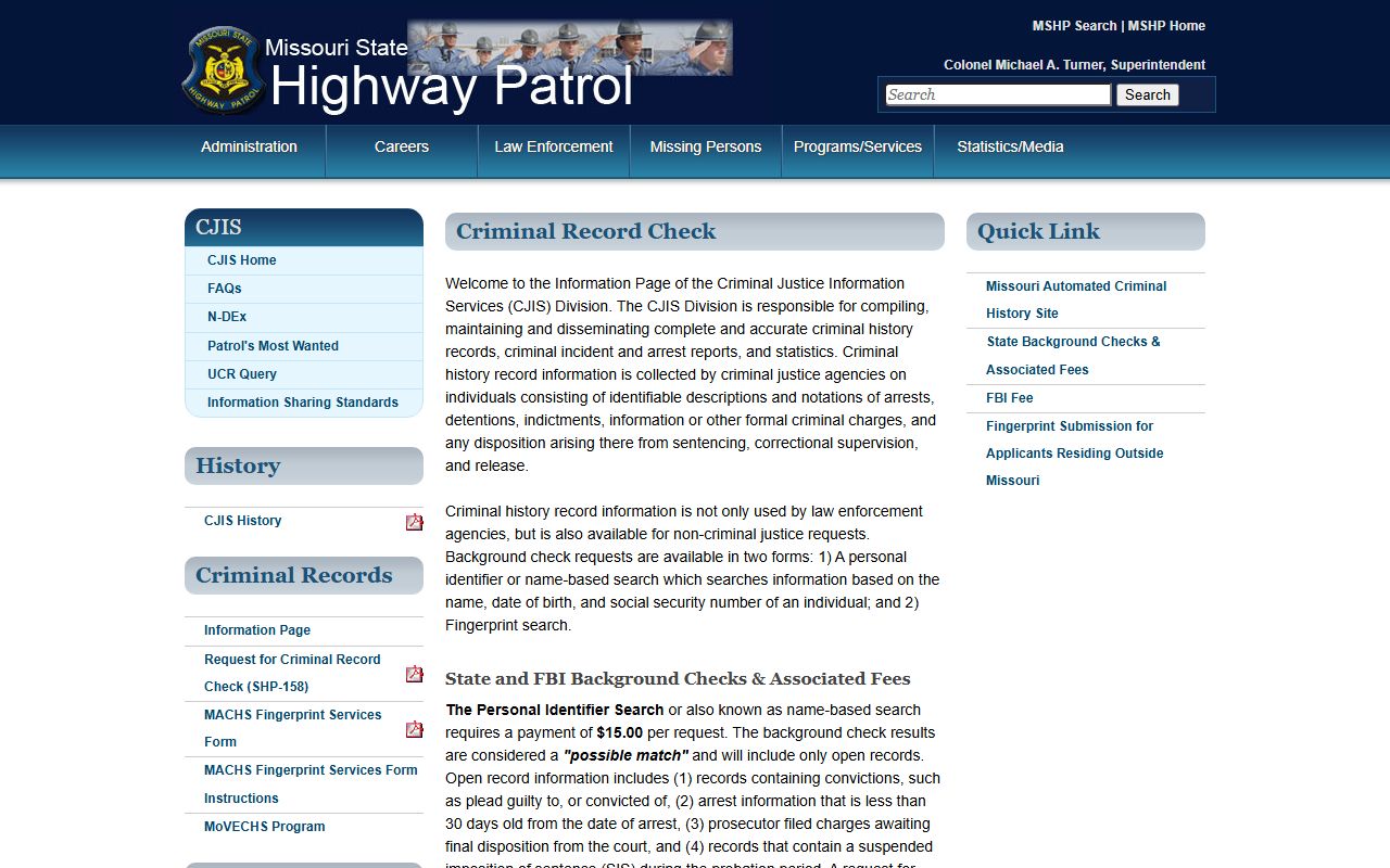 Missouri State Highway Patrol criminal record check for Atchison County arrest and court records